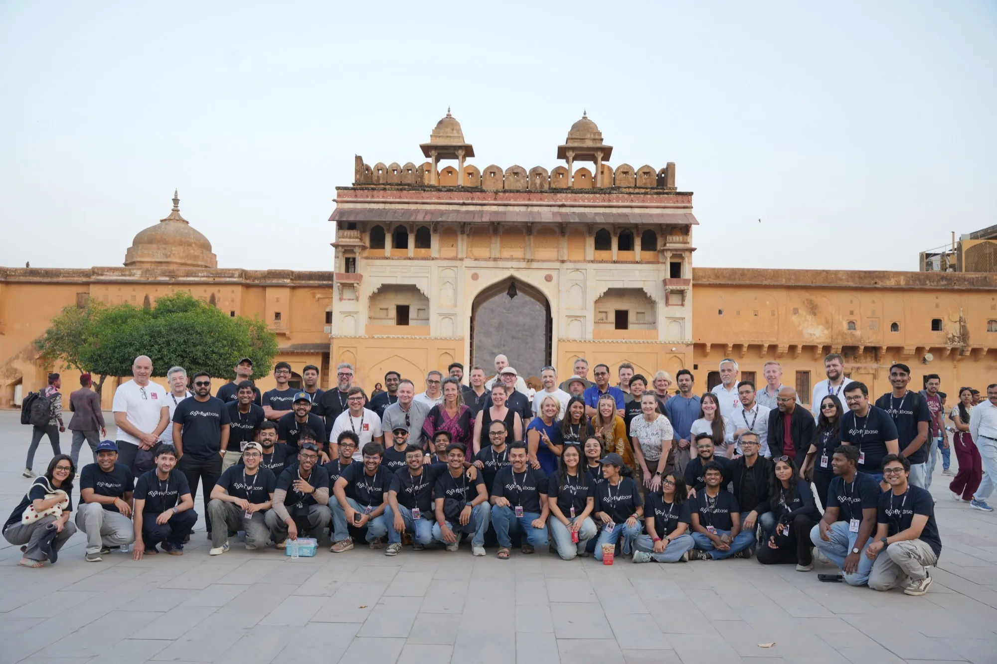 The whole retreat posed in front of the gate at Amer Fort