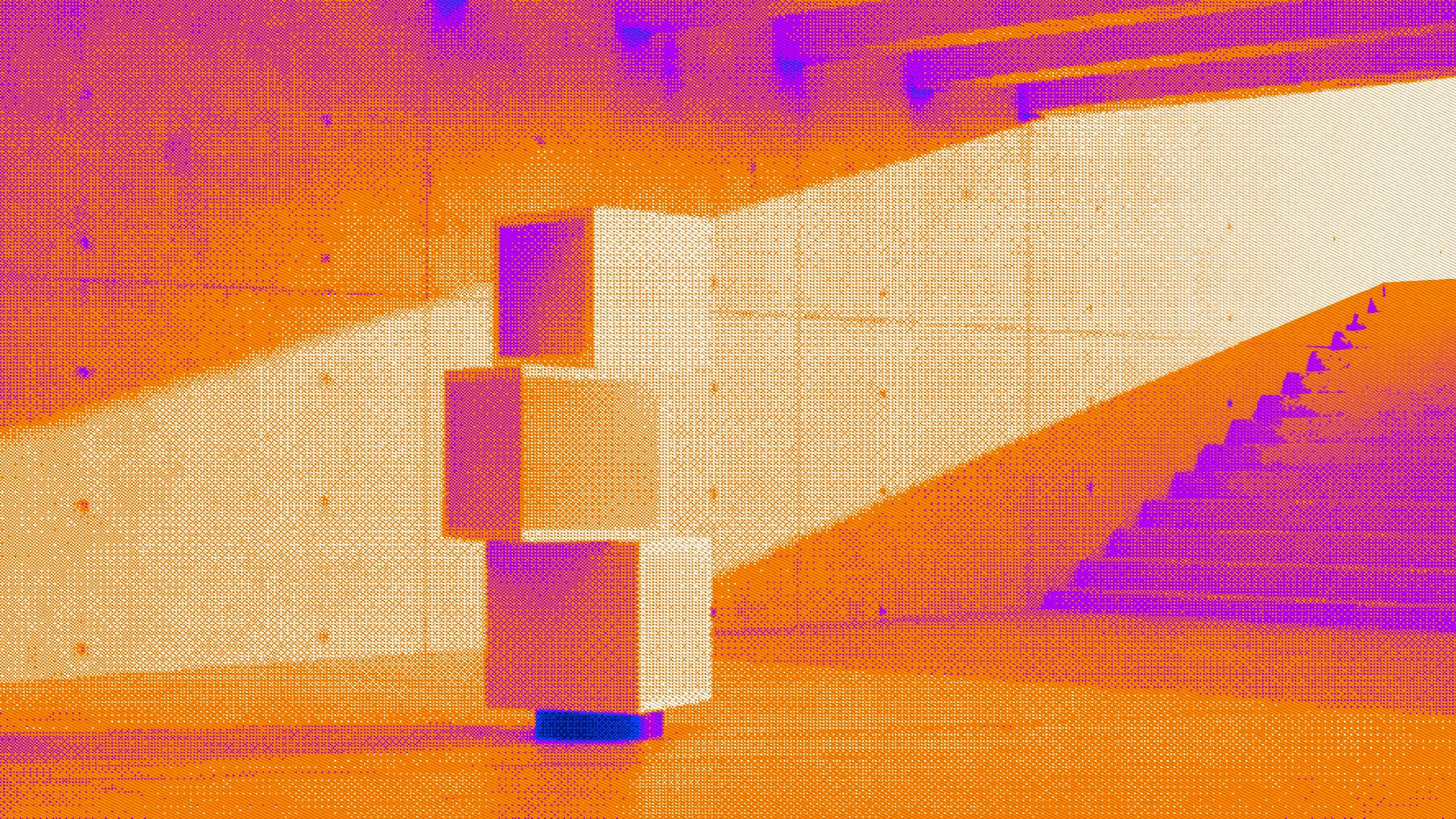 A tower of three white cubes in a sunlit concrete hall, a staircase behind, in dithered dots of blue, violet and orange