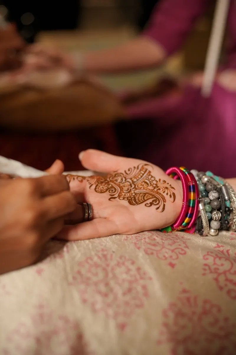 A close view of a mehendi pattern on a guest’s hand