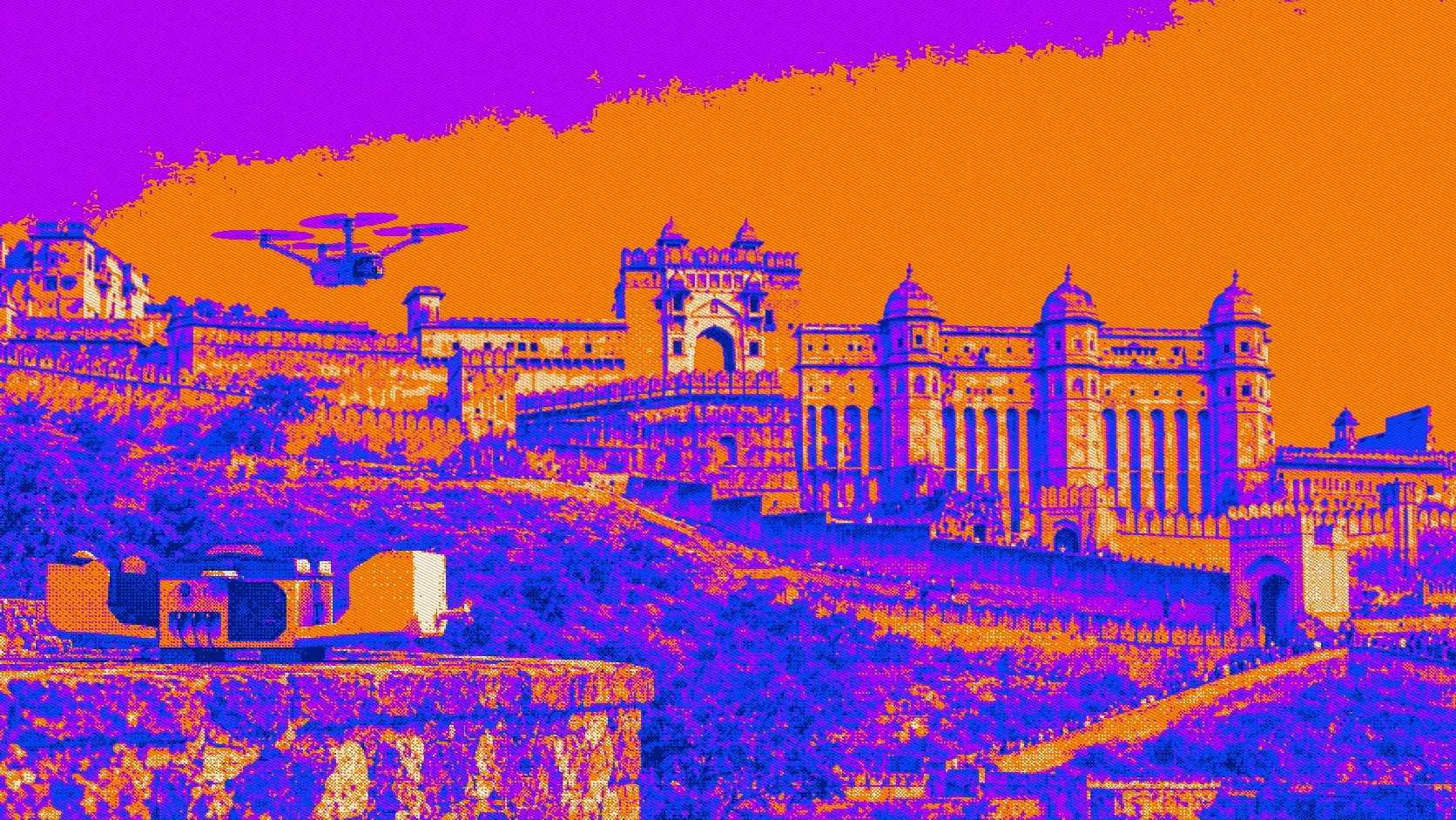 Amer Fort in Jaipur, a drone in the air and its dock on the wall in front, in dithered dots of blue, violet and orange