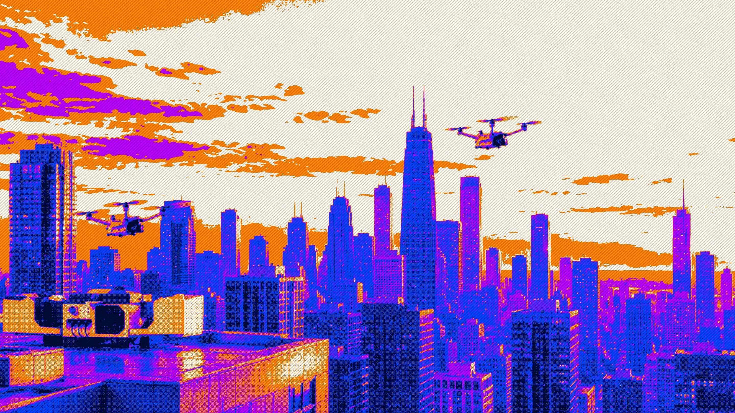 A city skyline at sunset, with drones flying between the towers